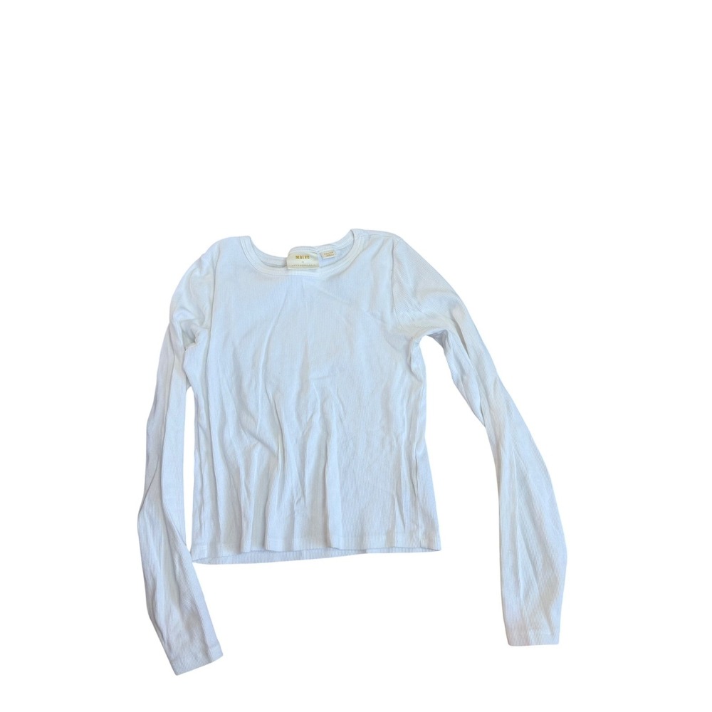 Maeve Anthropologie White Ribbed Long Sleeve Crew Neck Shirt M